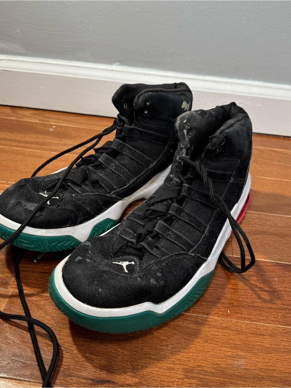 HEAVILY WORN Jordan Black High-Top Sneakers with Green and Red Outsoles